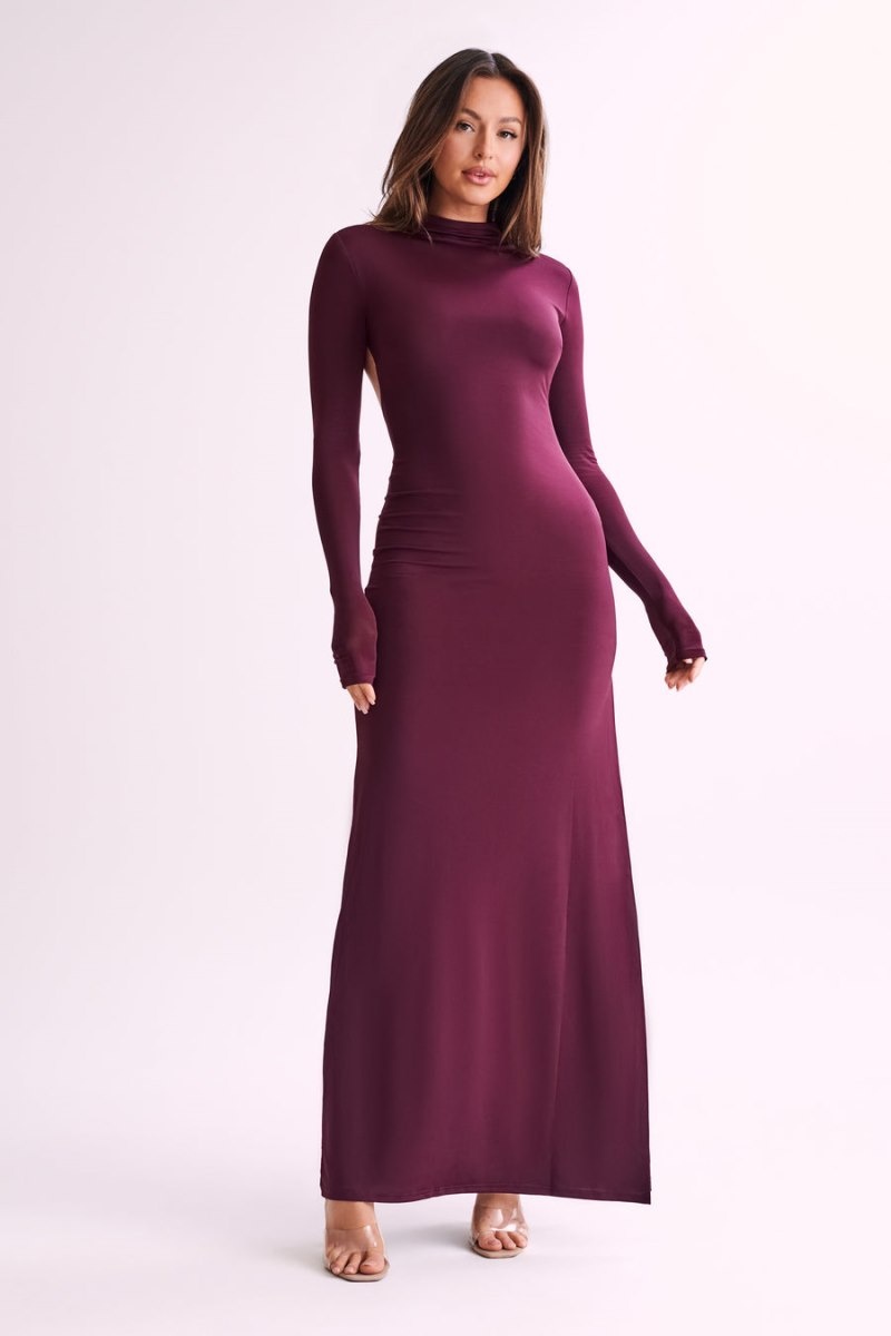 Women's Meshki Elani Slinky High Neck Maxi Dress Burgundy Australia | O8D-4003