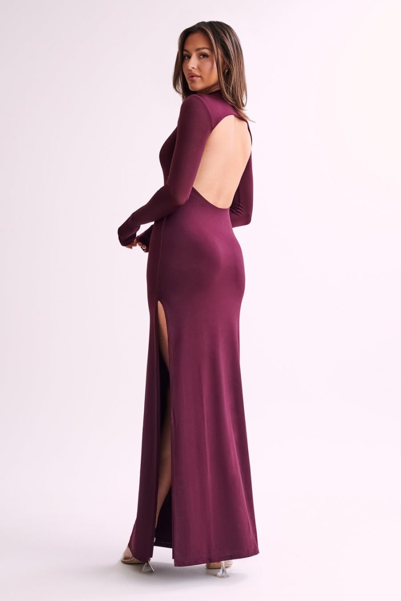 Women's Meshki Elani Slinky High Neck Maxi Dress Burgundy Australia | O8D-4003