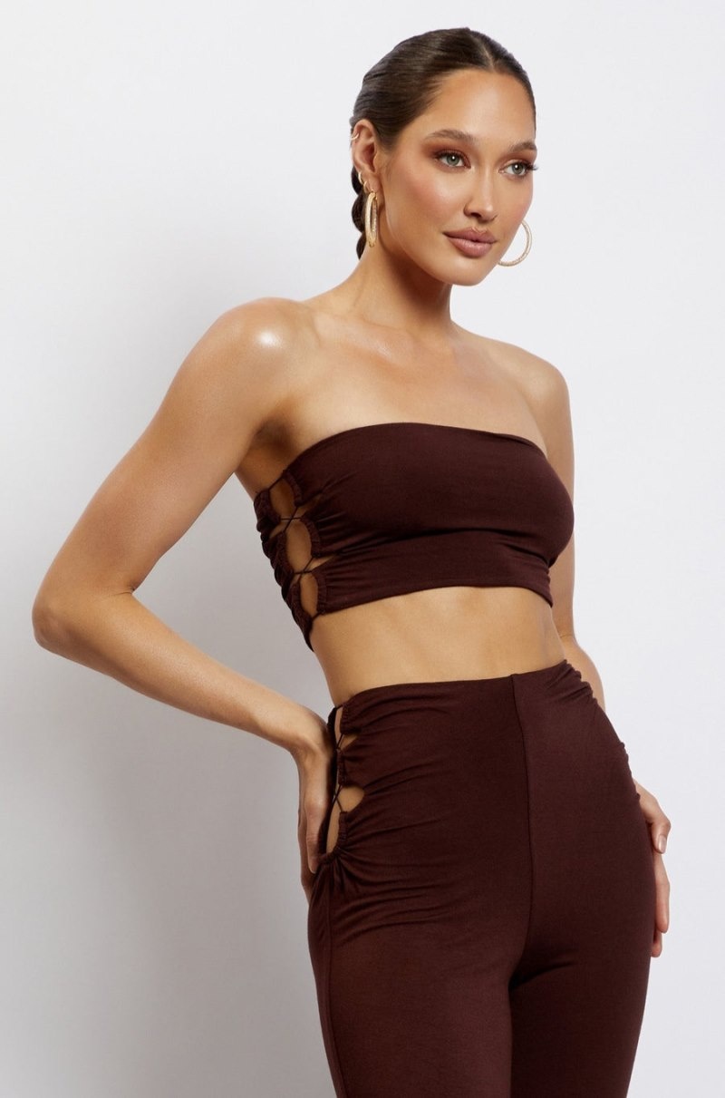 Women's Meshki Eleanor Tie Up Side Bandeau Tops Chocolate Australia | R3K-7254