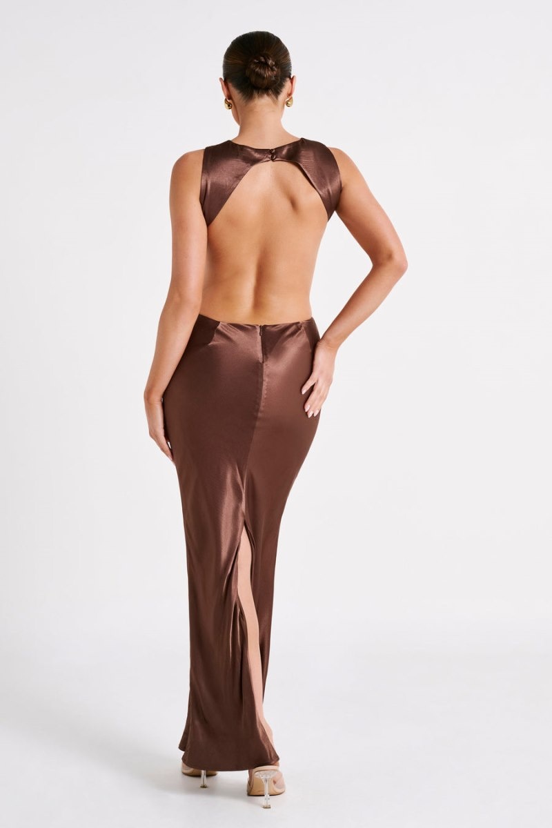 Women's Meshki Electra Satin Cut Out Maxi Dress Brown Australia | X0U-0389