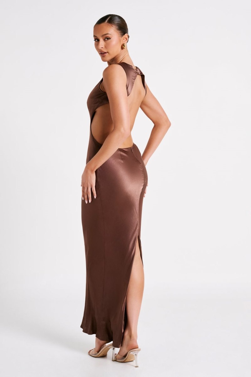 Women's Meshki Electra Satin Cut Out Maxi Dress Brown Australia | X0U-0389