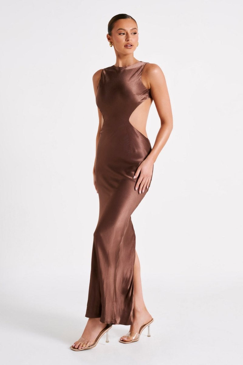 Women's Meshki Electra Satin Cut Out Maxi Dress Brown Australia | X0U-0389