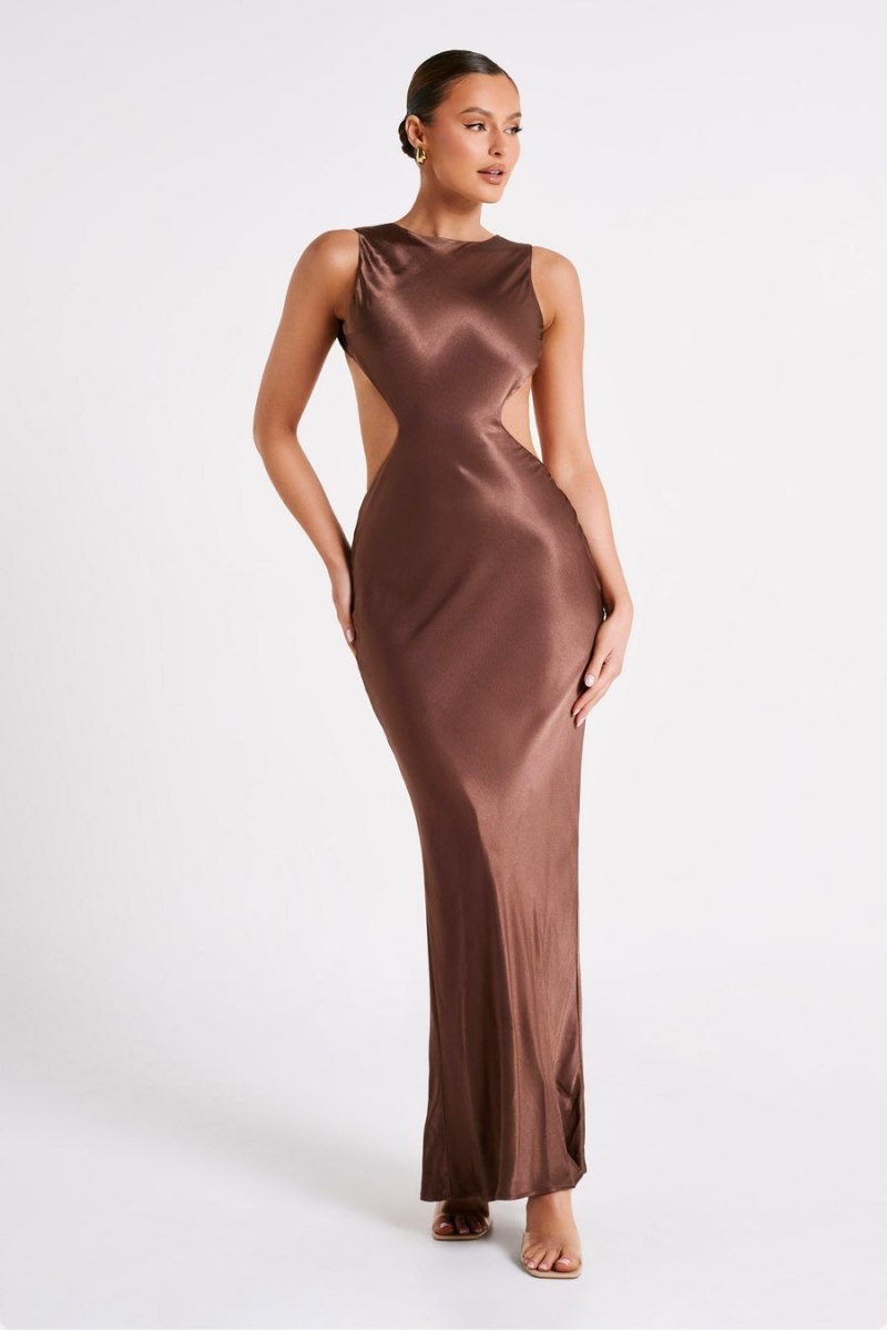 Women's Meshki Electra Satin Cut Out Maxi Dress Brown Australia | X0U-0389