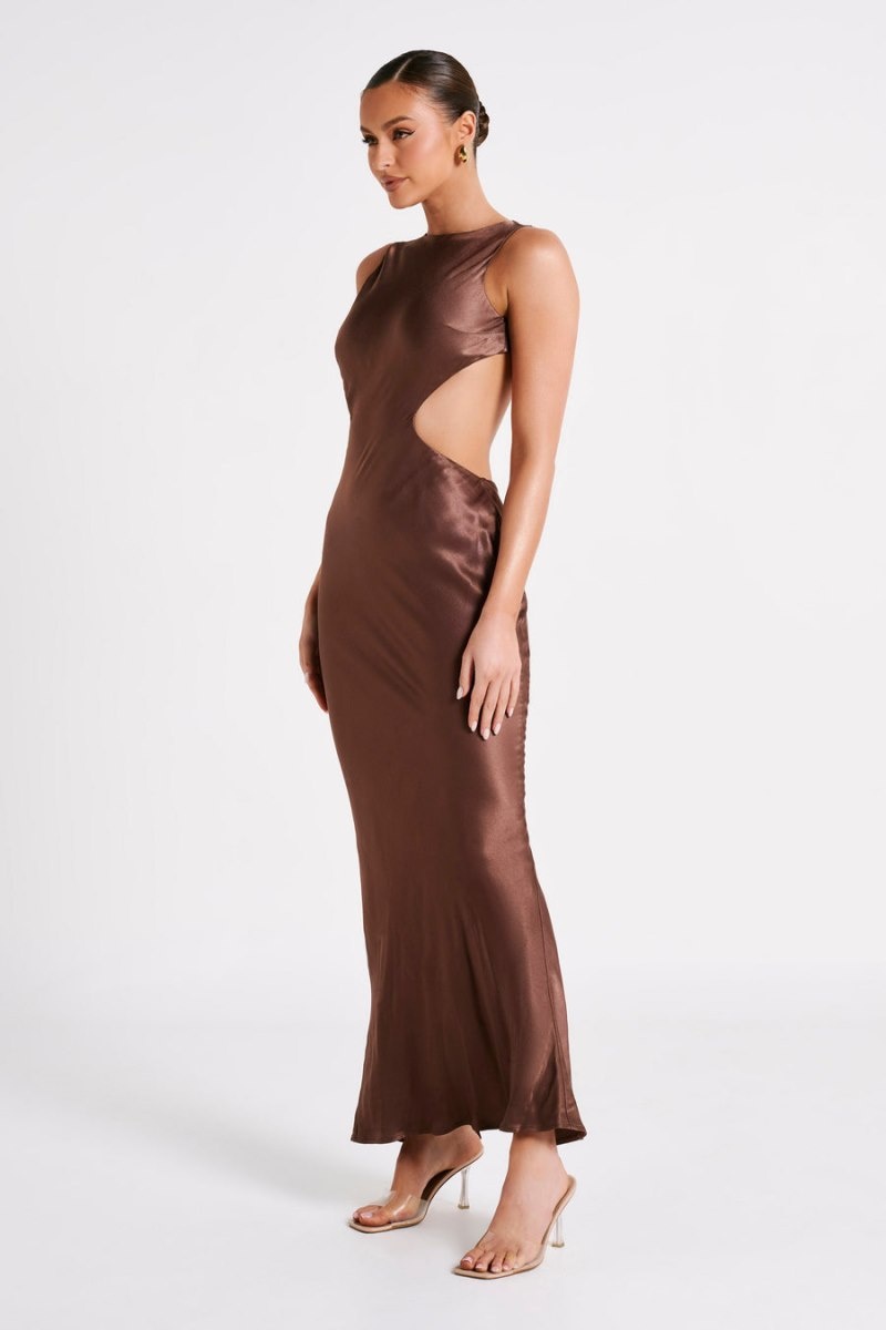 Women's Meshki Electra Satin Cut Out Maxi Dress Brown Australia | X0U-0389