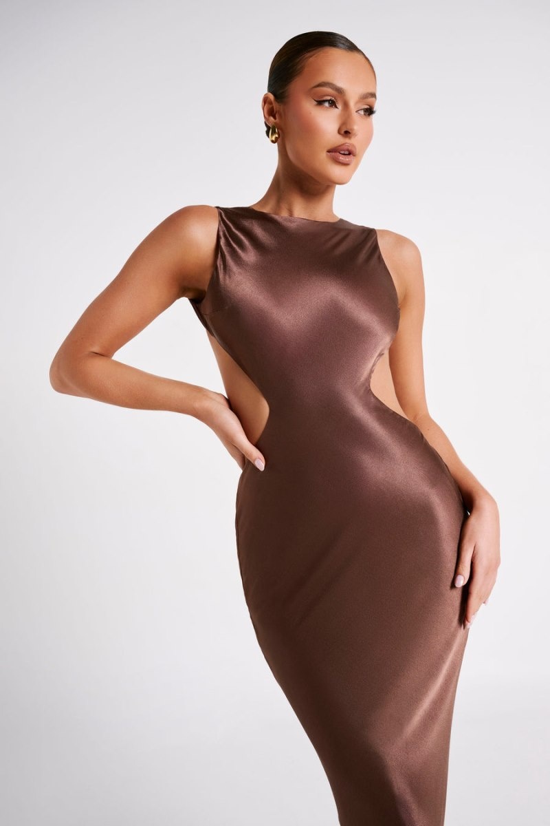 Women's Meshki Electra Satin Cut Out Maxi Dress Brown Australia | X0U-0389