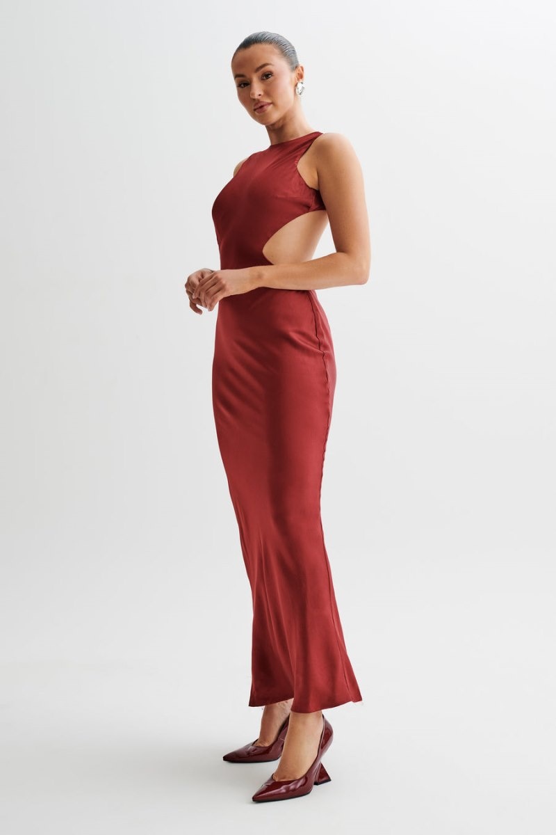 Women's Meshki Electra Satin Cut Out Maxi Dress Burgundy Australia | I0J-1966