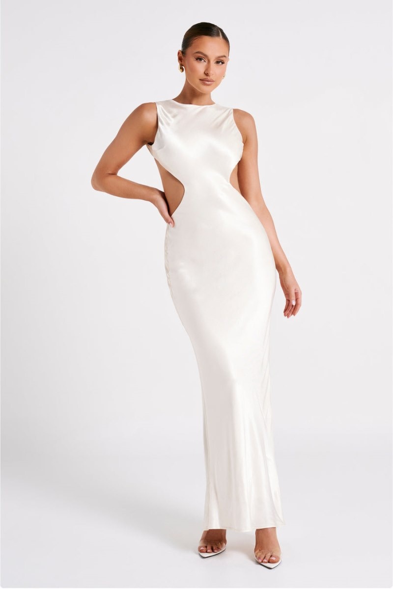 Women's Meshki Electra Satin Cut Out Maxi Dress White Australia | J1Q-1897