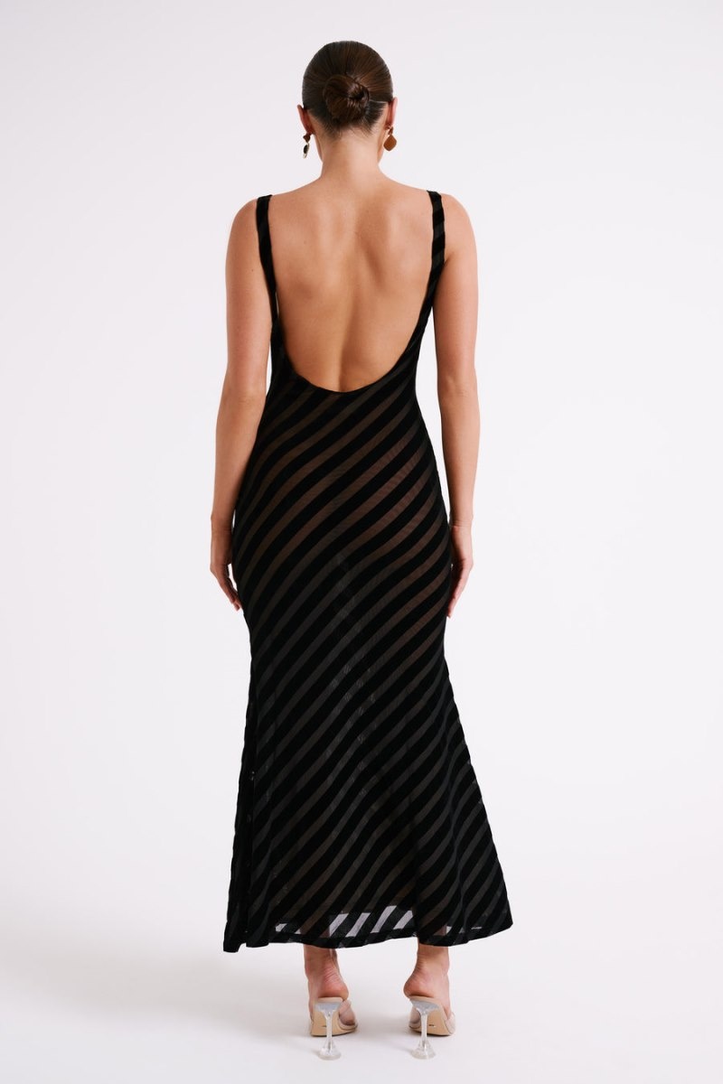 Women's Meshki Elena Striped Velvet Burnout Maxi Dress Black Australia | C2G-3046