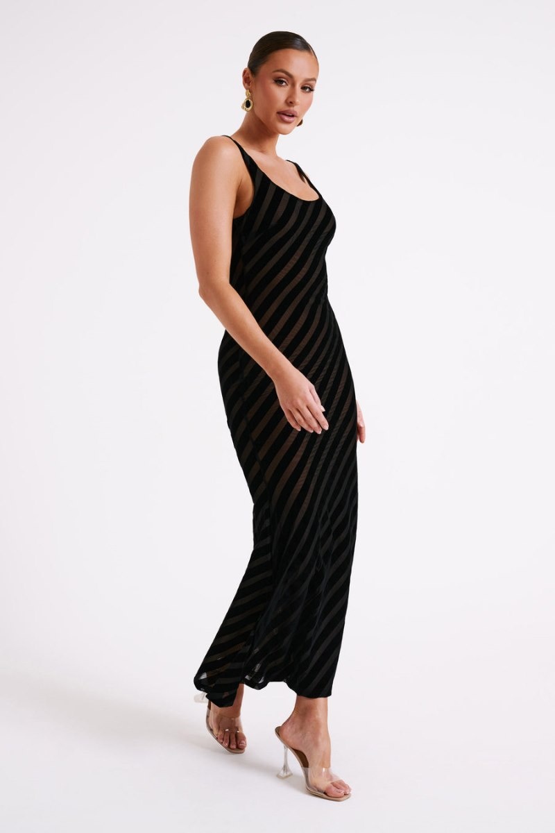 Women's Meshki Elena Striped Velvet Burnout Maxi Dress Black Australia | C2G-3046