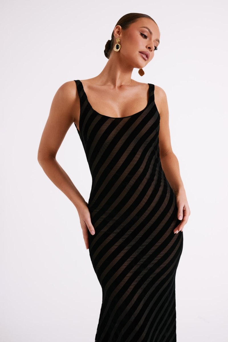 Women's Meshki Elena Striped Velvet Burnout Maxi Dress Black Australia | C2G-3046