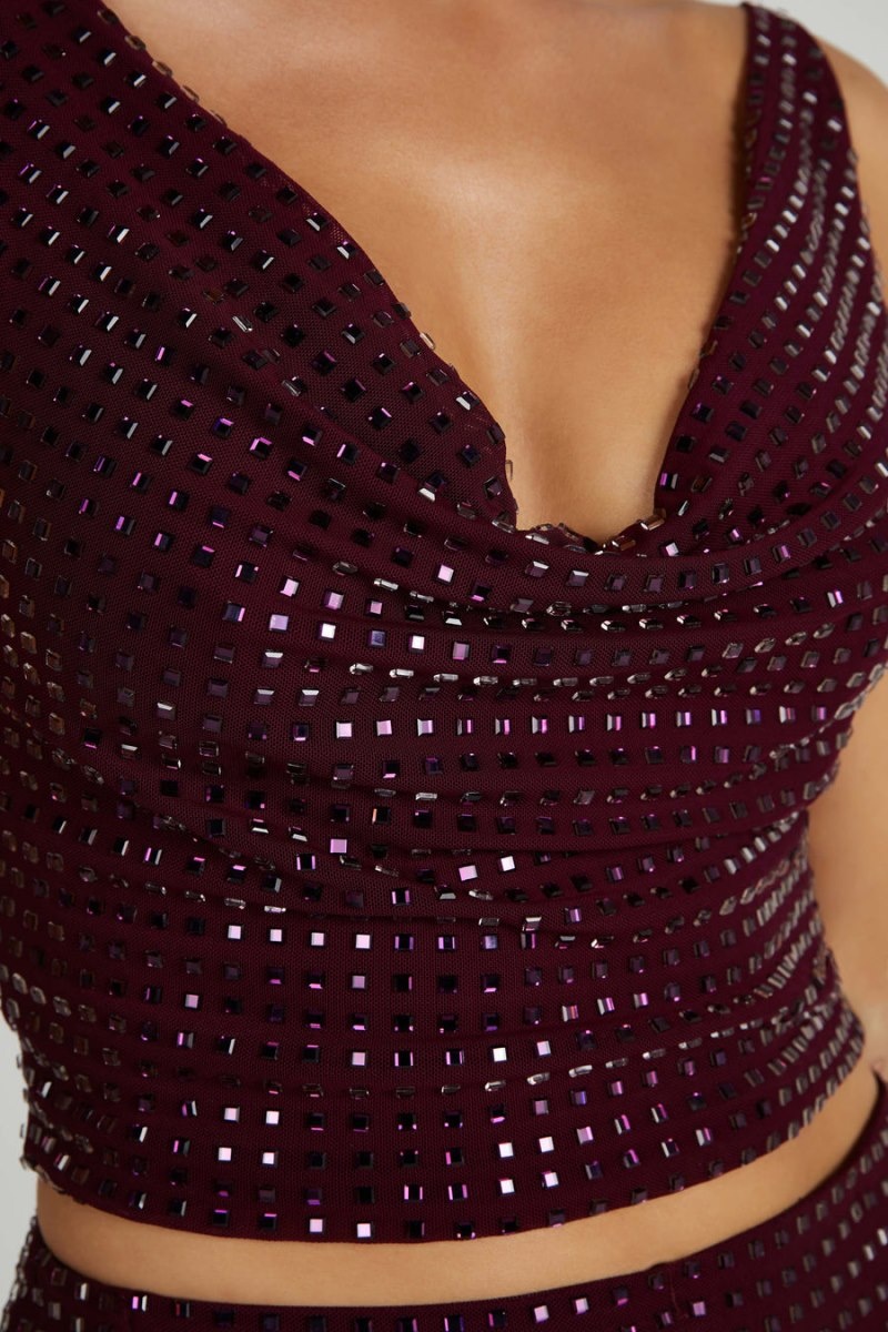 Women's Meshki Ellery Square Diamante Cowl Tops Burgundy Australia | O8C-8260