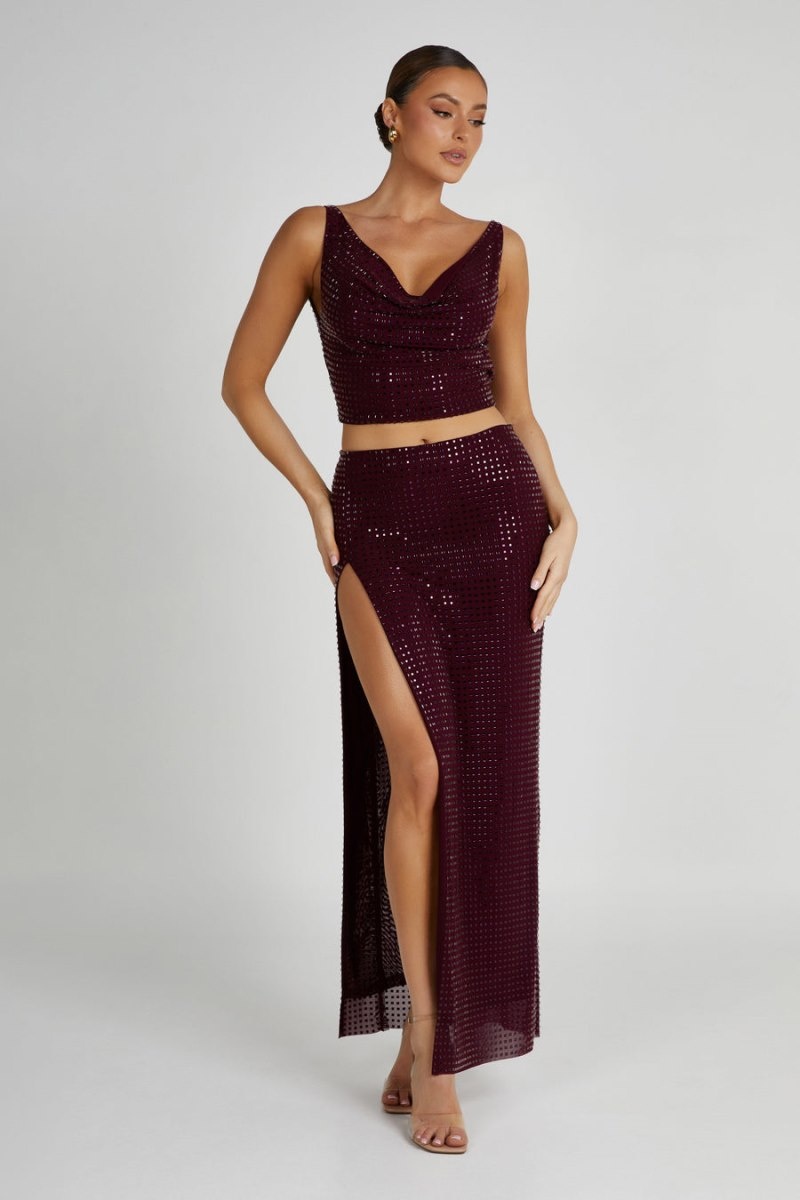 Women's Meshki Ellery Square Diamante Maxi Skirts Burgundy Australia | W9Y-3847