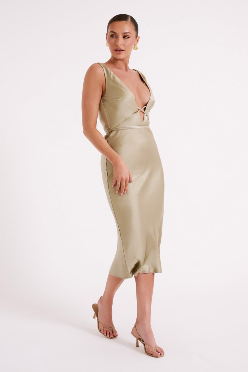 Women's Meshki Elouise Tie Around Satin Midi Dress Green Australia | H2H-9094