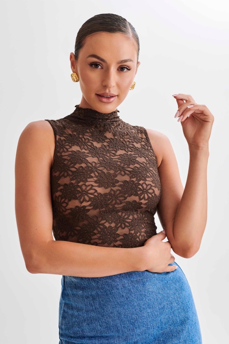 Women's Meshki Elska Lace High Neck Tops Chocolate Australia | D9O-1060