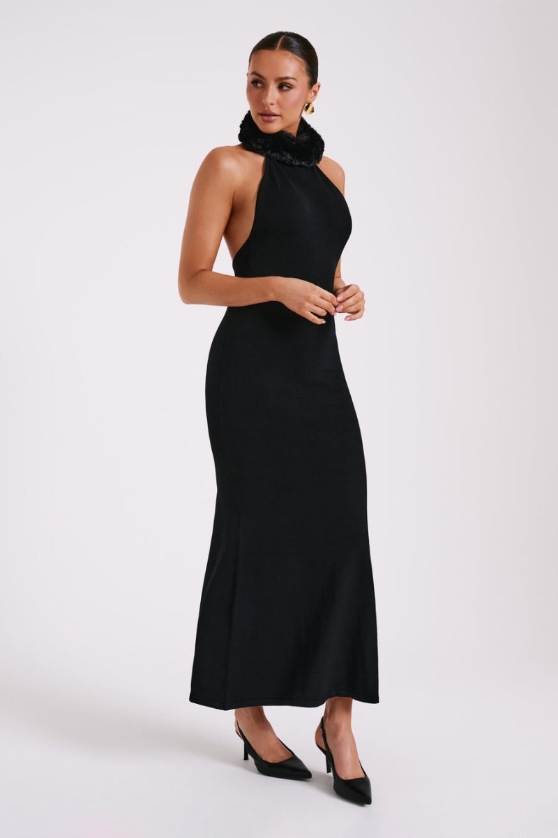 Women's Meshki Elva Halter Knit Faux Fur Maxi Dress Black Australia | B3A-7615