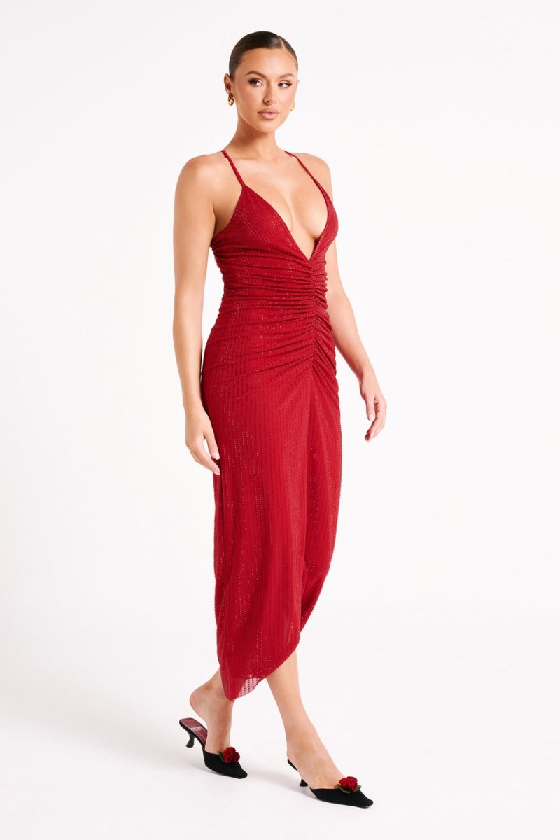 Women's Meshki Emeraude Diamante Ruched Midi Dress Red Australia | B4U-5747