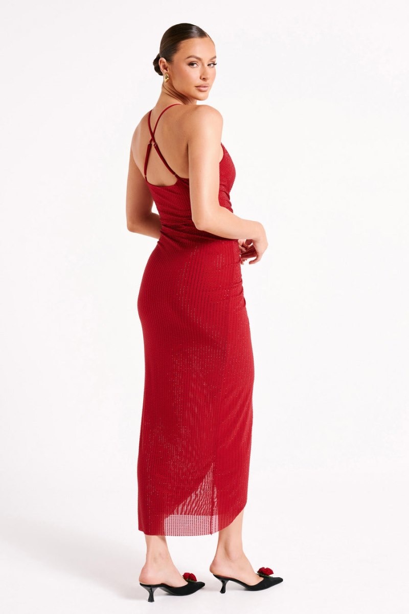 Women's Meshki Emeraude Diamante Ruched Midi Dress Red Australia | B4U-5747