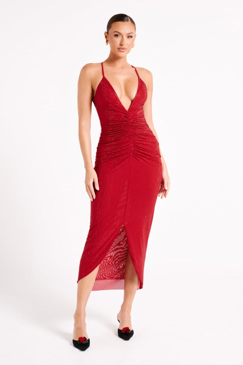 Women's Meshki Emeraude Diamante Ruched Midi Dress Red Australia | B4U-5747