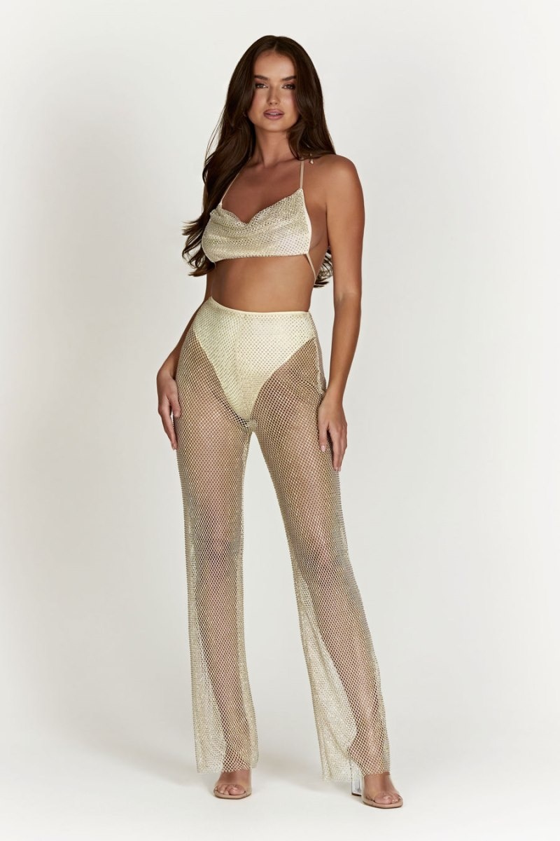 Women's Meshki Emerson Diamante Mesh Pants Cream Australia | X7G-3196