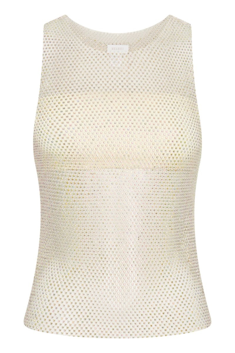 Women's Meshki Emerson Diamante Mesh Tank Top Cream Australia | F1L-4361