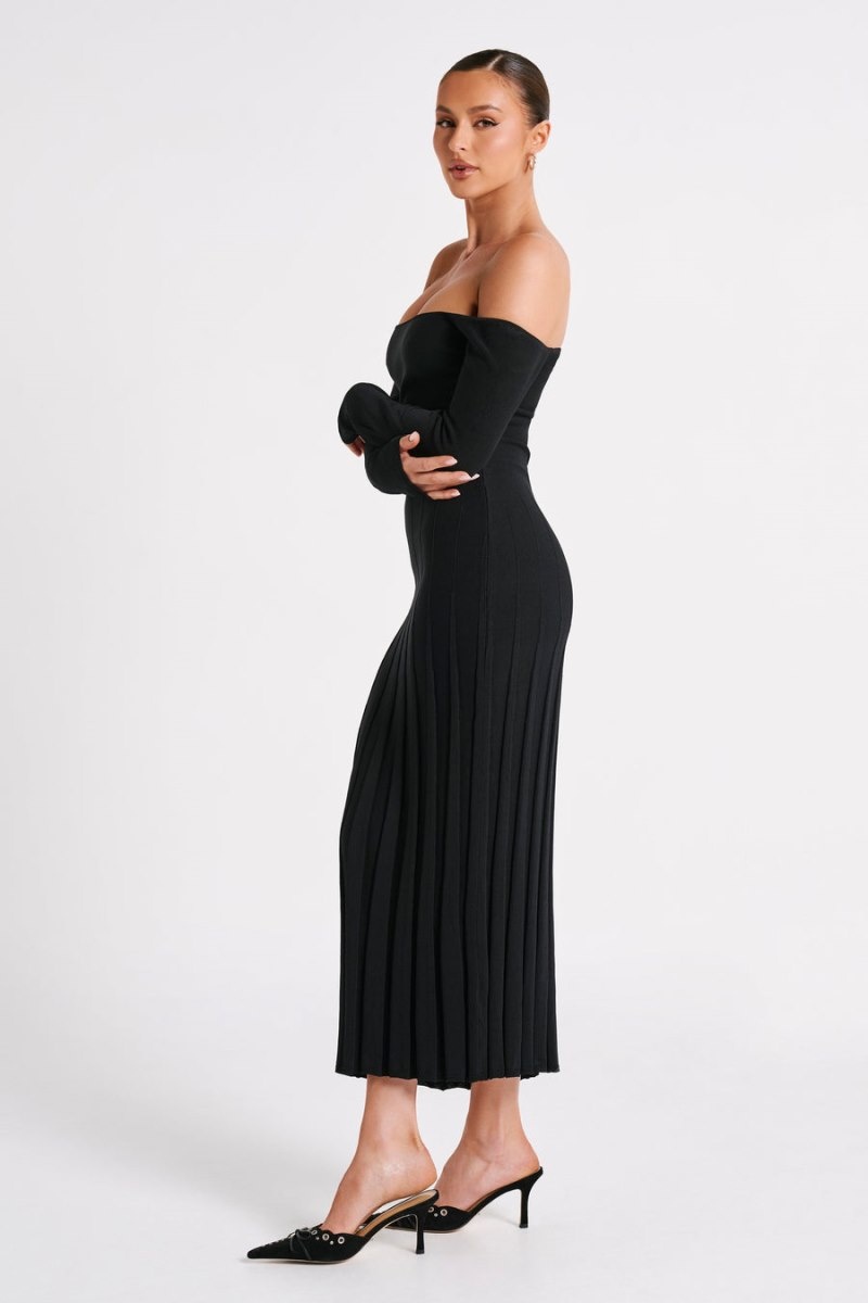 Women's Meshki Emmeline Long Sleeve Rib Knit Midi Dress Black Australia | D1T-1634