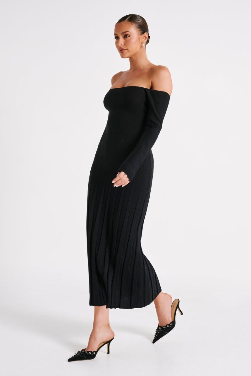 Women's Meshki Emmeline Long Sleeve Rib Knit Midi Dress Black Australia | D1T-1634