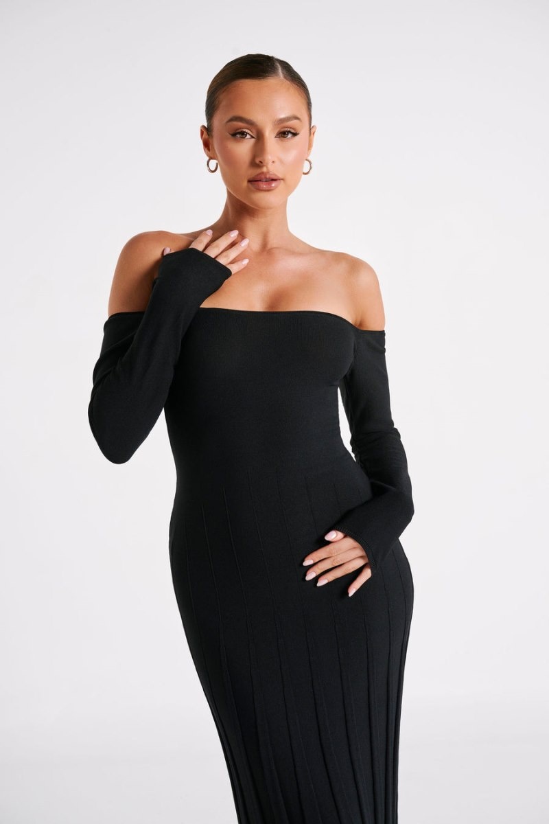 Women's Meshki Emmeline Long Sleeve Rib Knit Midi Dress Black Australia | D1T-1634