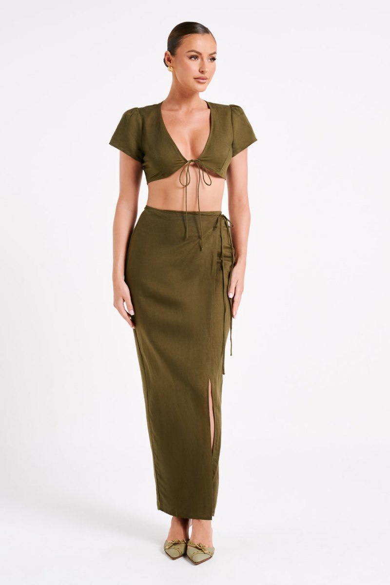 Women's Meshki Fatima Linen Crop Tops Khaki Australia | A5W-2895