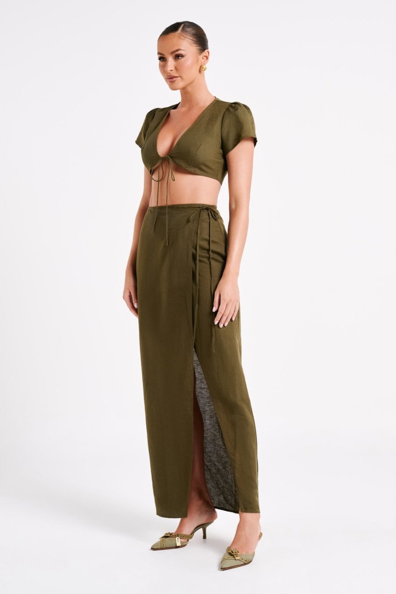 Women's Meshki Fatima Linen Crop Tops Khaki Australia | A5W-2895