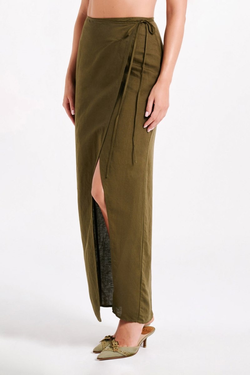 Women's Meshki Fatima Linen Wrap Maxi Skirts Khaki Australia | Y1N-5466