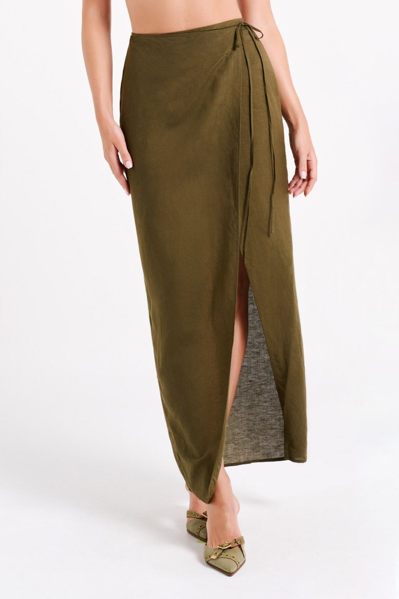 Women\'s Meshki Fatima Linen Wrap Maxi Skirts Khaki Australia | Y1N-5466