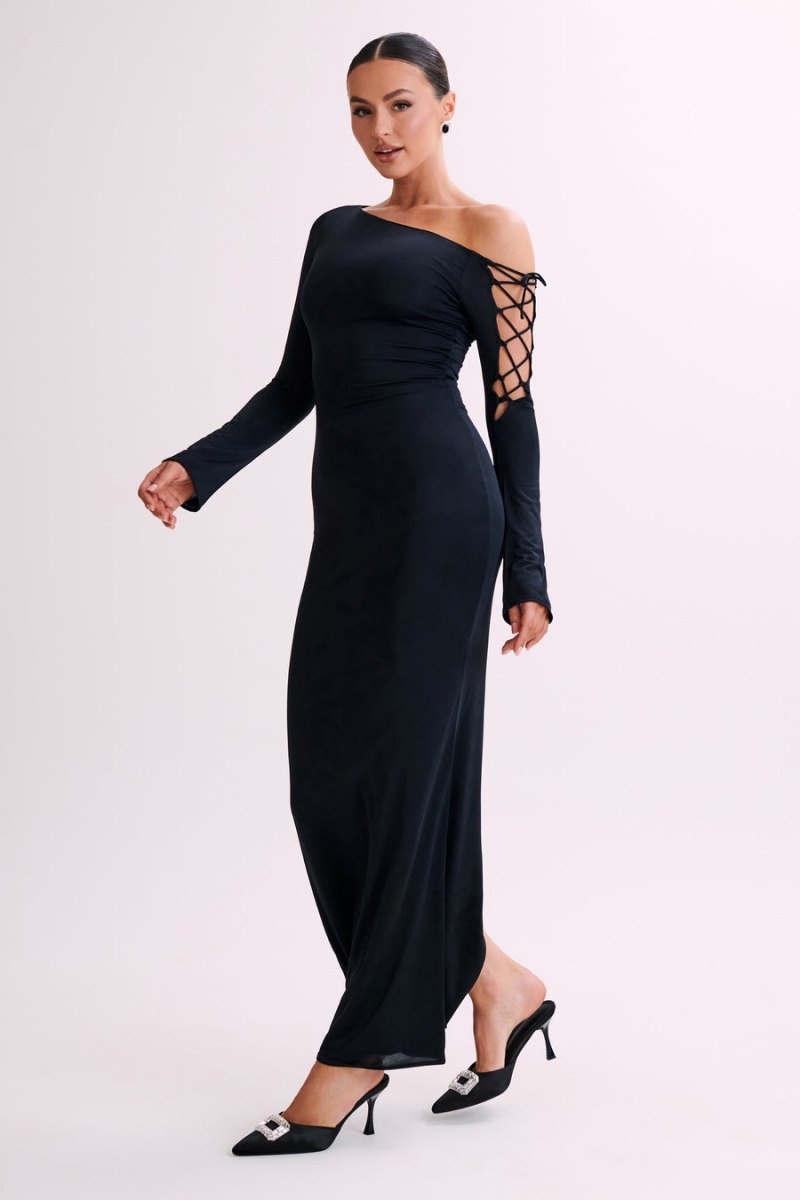 Women's Meshki Gabby Tie Sleeve Slinky Maxi Dress Black Australia | K4Q-1818