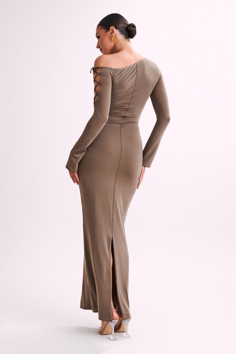 Women's Meshki Gabby Tie Sleeve Slinky Maxi Dress Chocolate Australia | S5K-7442