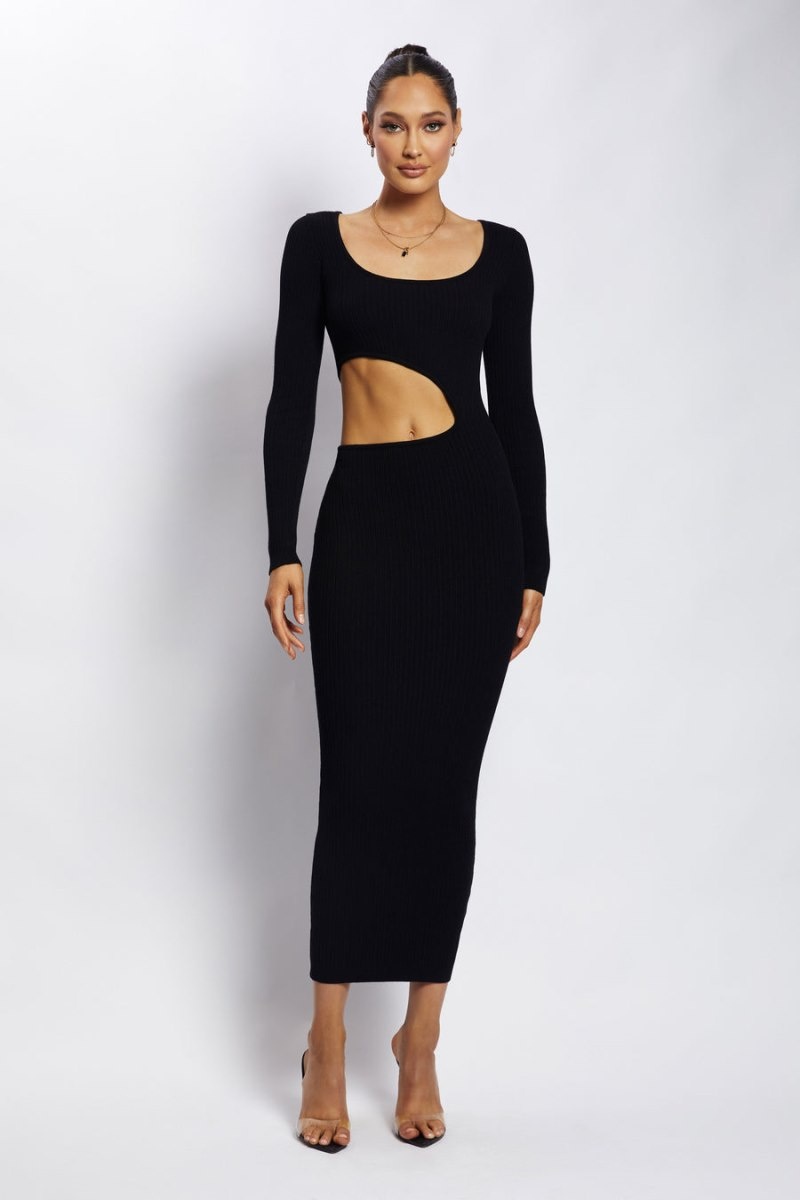 Women's Meshki Gaia Cut Out Asymmetric Knitted Midi Dress Black Australia | A1D-1286