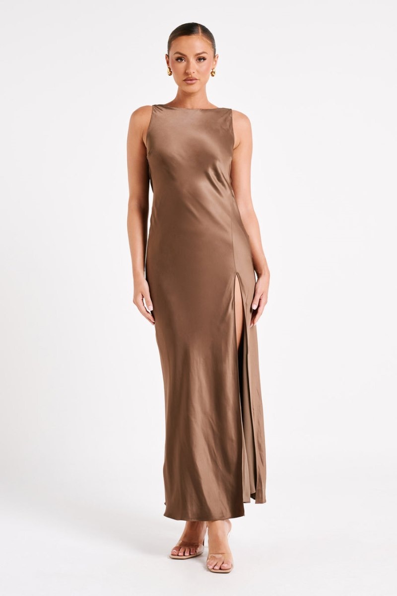 Women's Meshki Gemima Satin Split Maxi Dress Brown Australia | A5U-0753