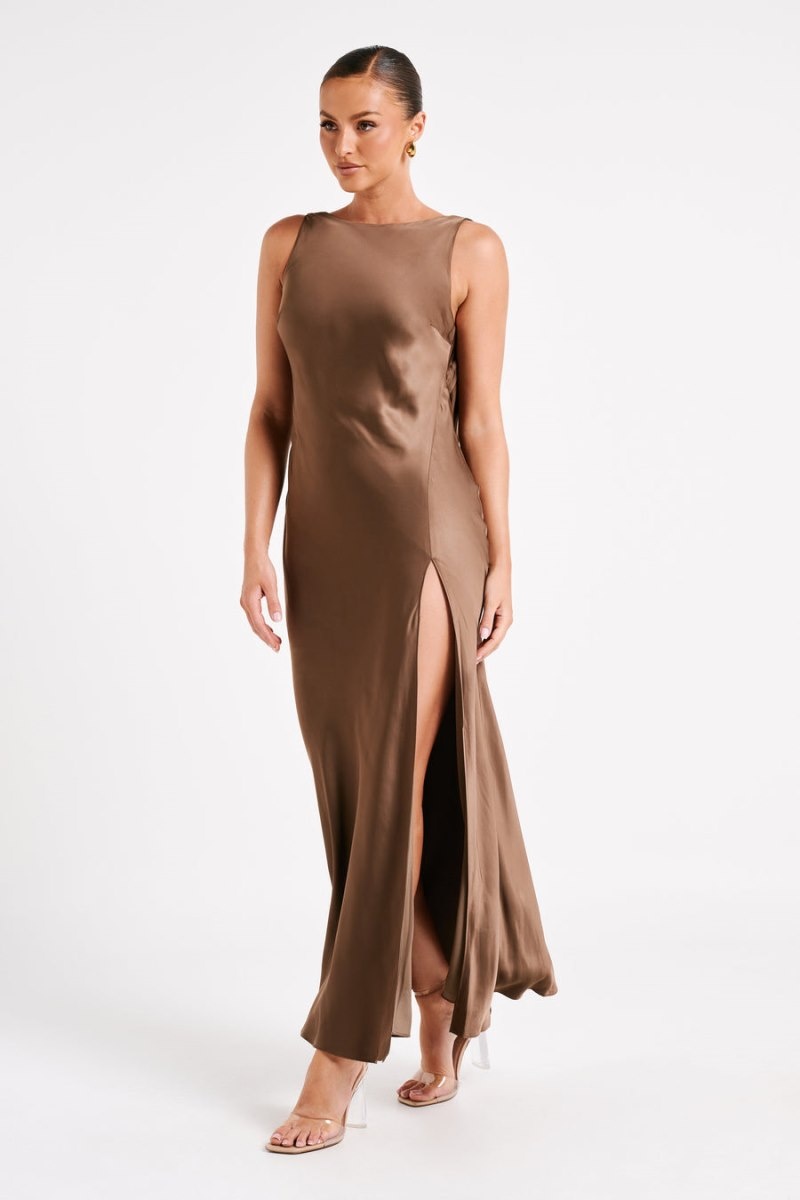 Women's Meshki Gemima Satin Split Maxi Dress Brown Australia | A5U-0753