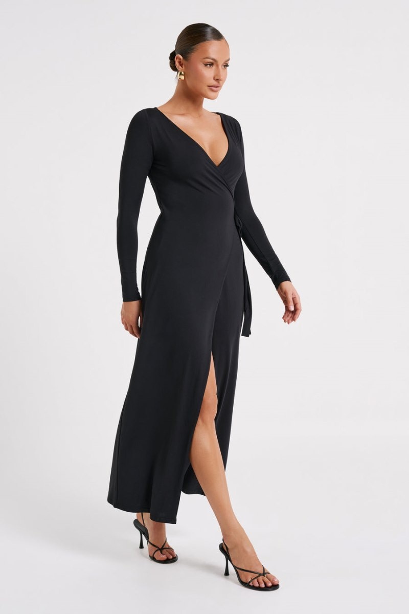 Women's Meshki Gillian Recycled Nylon Wrap Maxi Dress Black Australia | N0P-2414