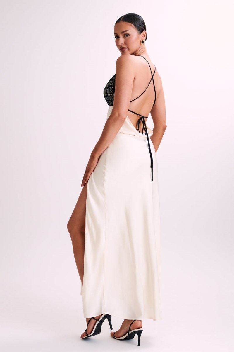 Women's Meshki Gina Satin Slip Lace Maxi Dress White Australia | L7G-3120