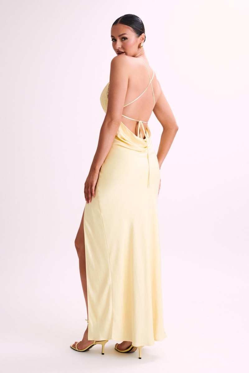 Women's Meshki Gina Satin Slip Lace Maxi Dress Lemon Australia | K0G-8545