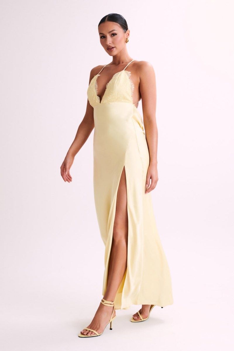 Women's Meshki Gina Satin Slip Lace Maxi Dress Lemon Australia | K0G-8545