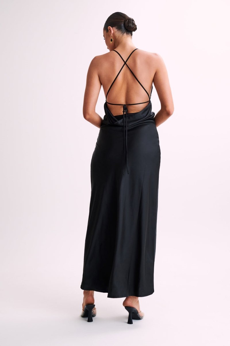 Women's Meshki Gina Satin Slip Lace Maxi Dress Black Australia | S2Z-9719