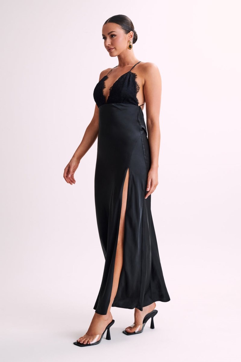 Women's Meshki Gina Satin Slip Lace Maxi Dress Black Australia | S2Z-9719