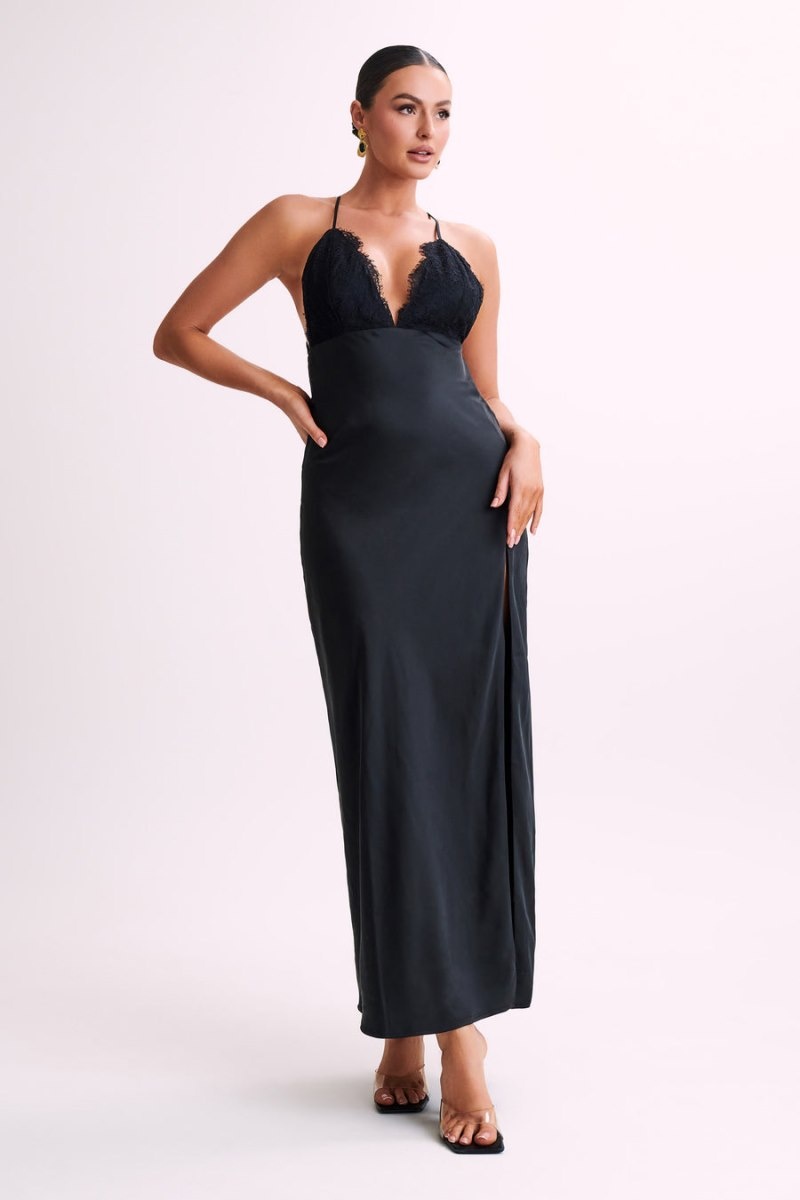 Women's Meshki Gina Satin Slip Lace Maxi Dress Black Australia | S2Z-9719