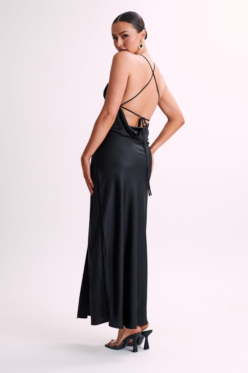 Women's Meshki Gina Satin Slip Lace Maxi Dress Black Australia | S2Z-9719