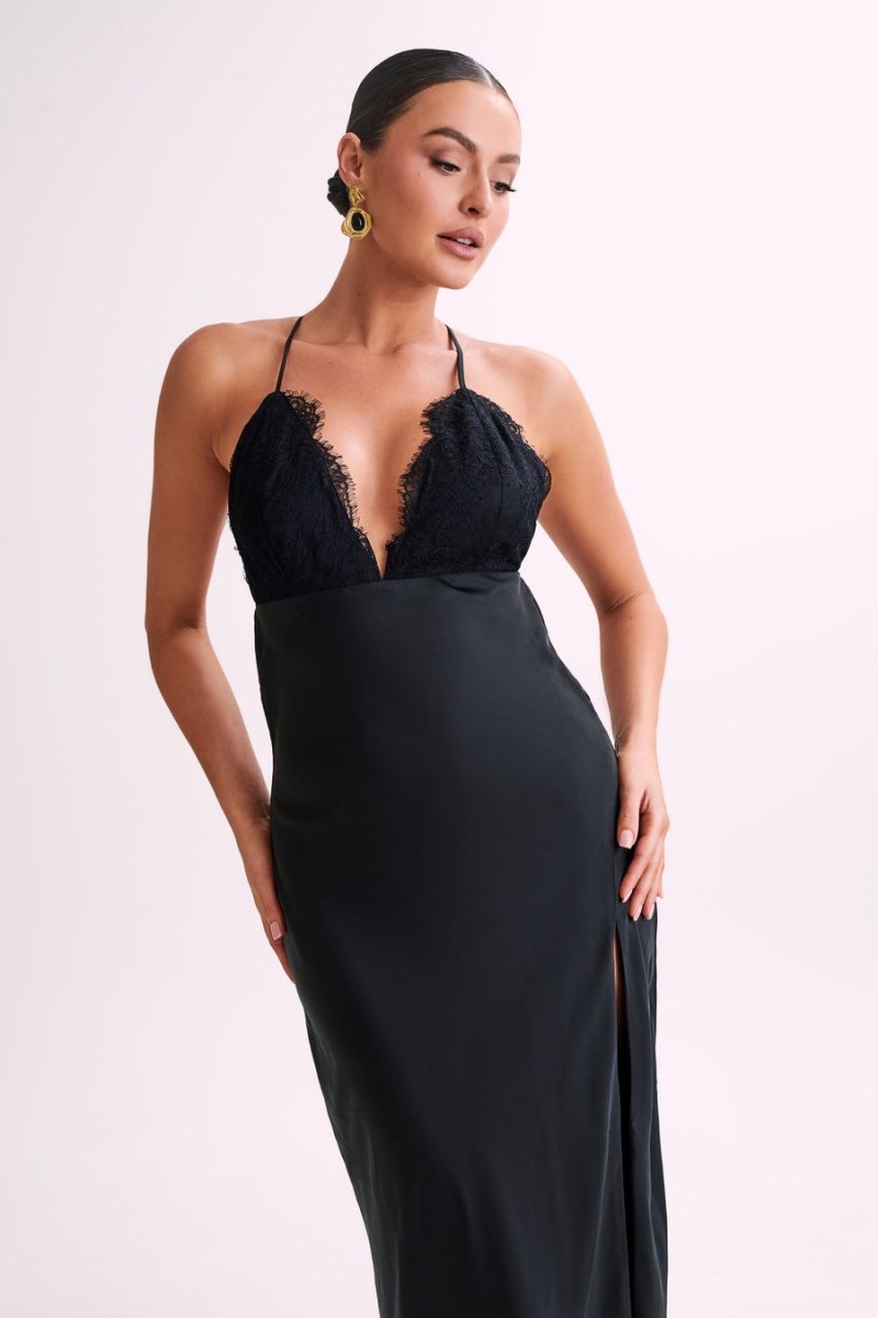 Women's Meshki Gina Satin Slip Lace Maxi Dress Black Australia | S2Z-9719