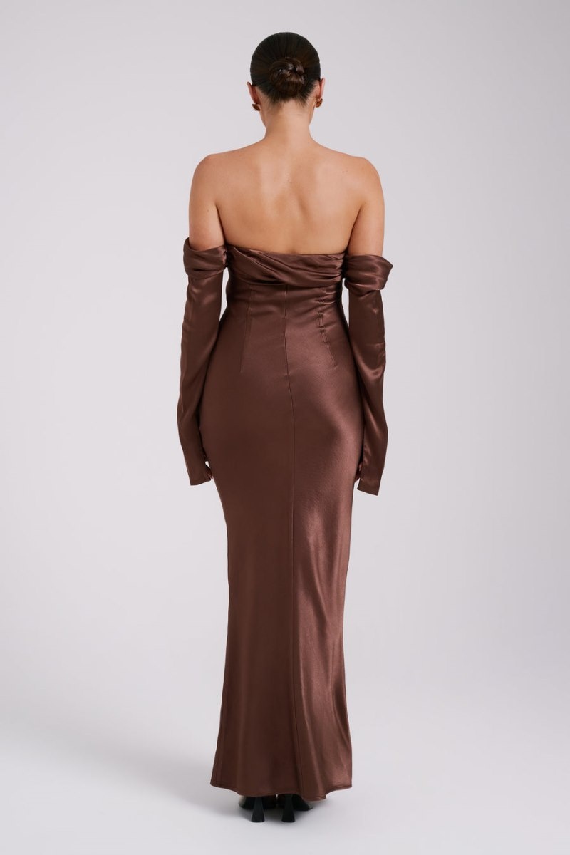 Women's Meshki Giselle Off Shoulder Cowl Neck Maxi Dress Brown Australia | K0E-0281