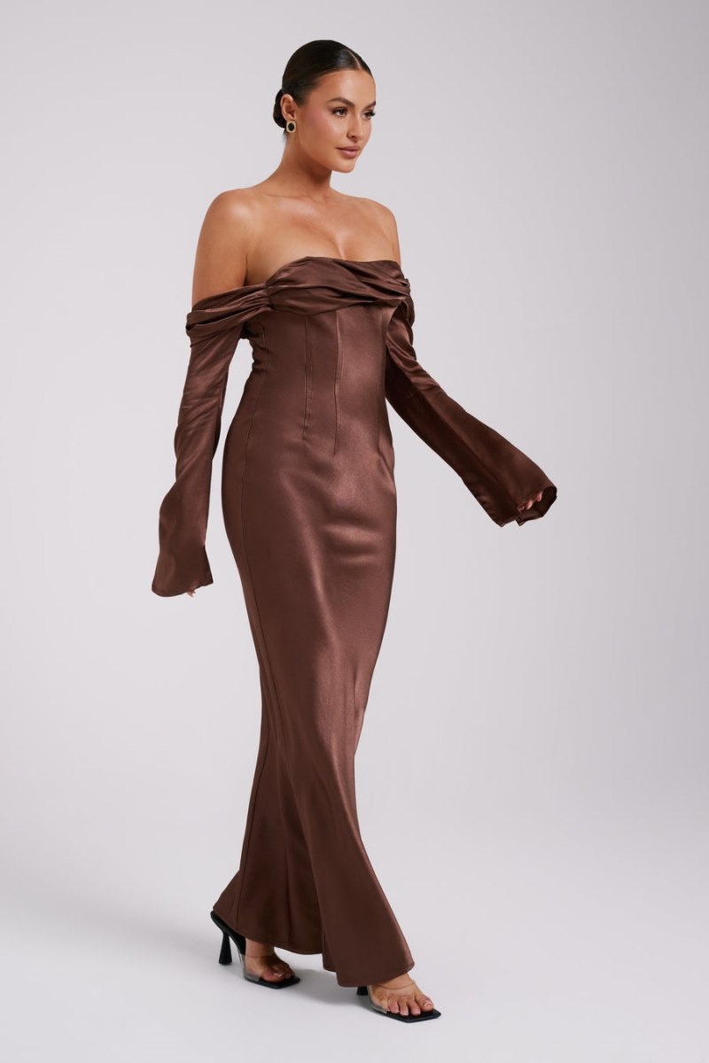 Women's Meshki Giselle Off Shoulder Cowl Neck Maxi Dress Brown Australia | K0E-0281