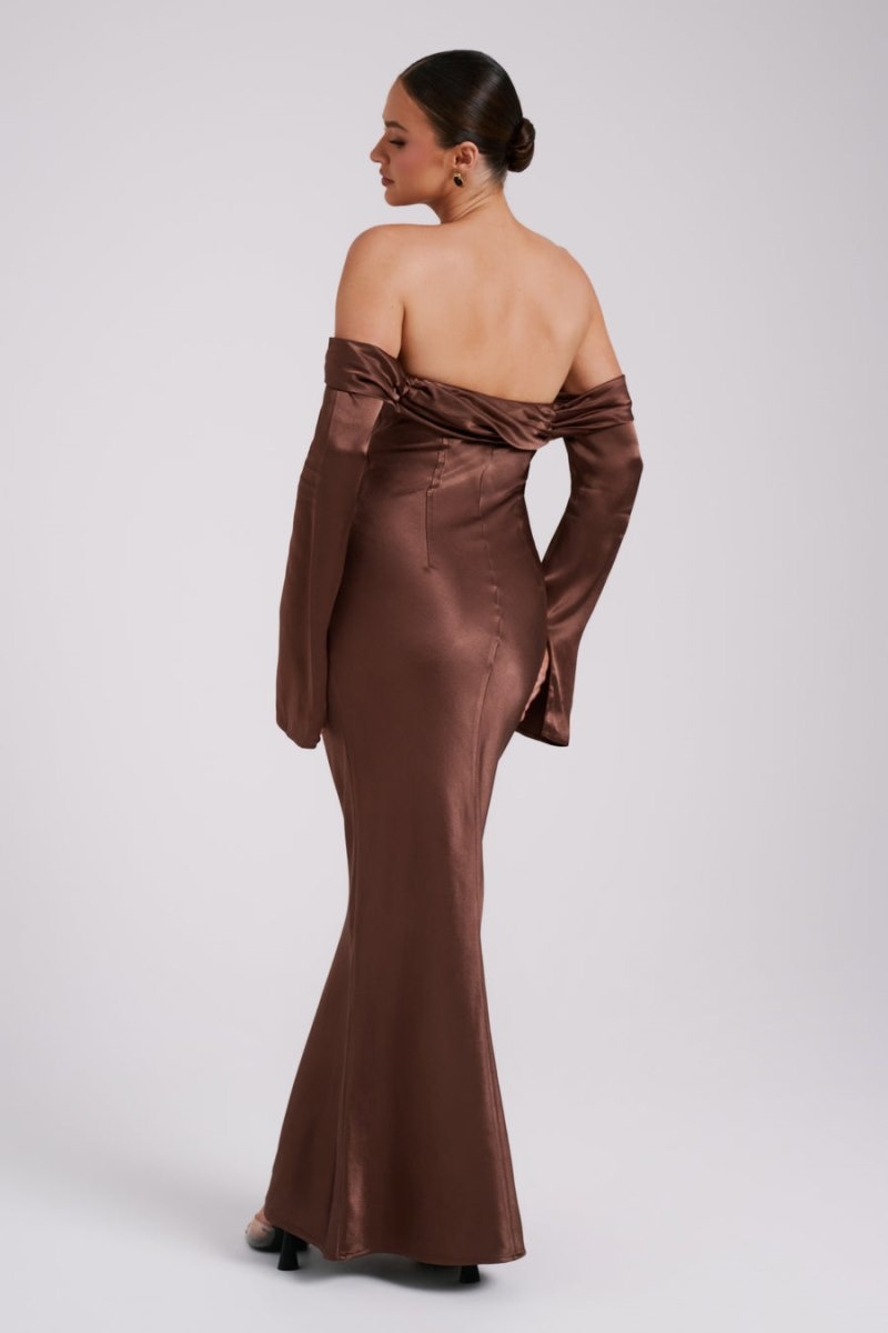 Women's Meshki Giselle Off Shoulder Cowl Neck Maxi Dress Brown Australia | K0E-0281