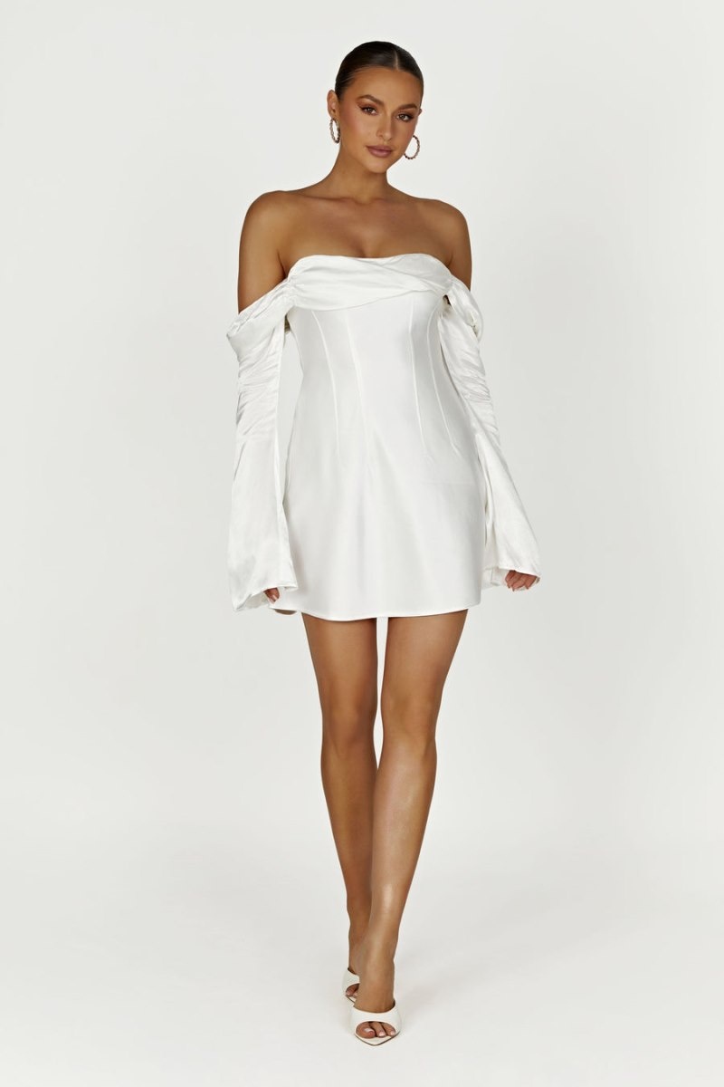 Women's Meshki Giselle Off Shoulder Satin Mini Dress White Australia | N4E-9134