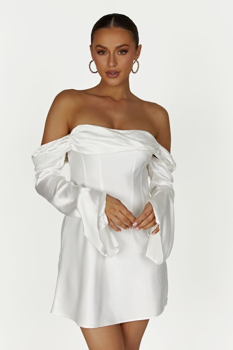 Women\'s Meshki Giselle Off Shoulder Satin Mini Dress White Australia | N4E-9134